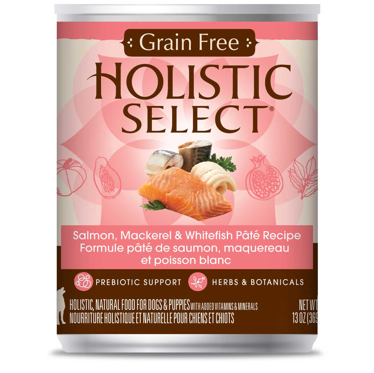 "Holistic Select Grain Free Salmon, Mackerel & Whitefish Pate Canned Dog Food 368g"